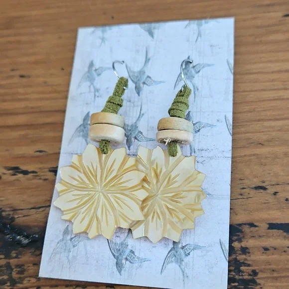 Hand Crafted...Shell, Leather And Wood Earrings - Picture 1 of 1